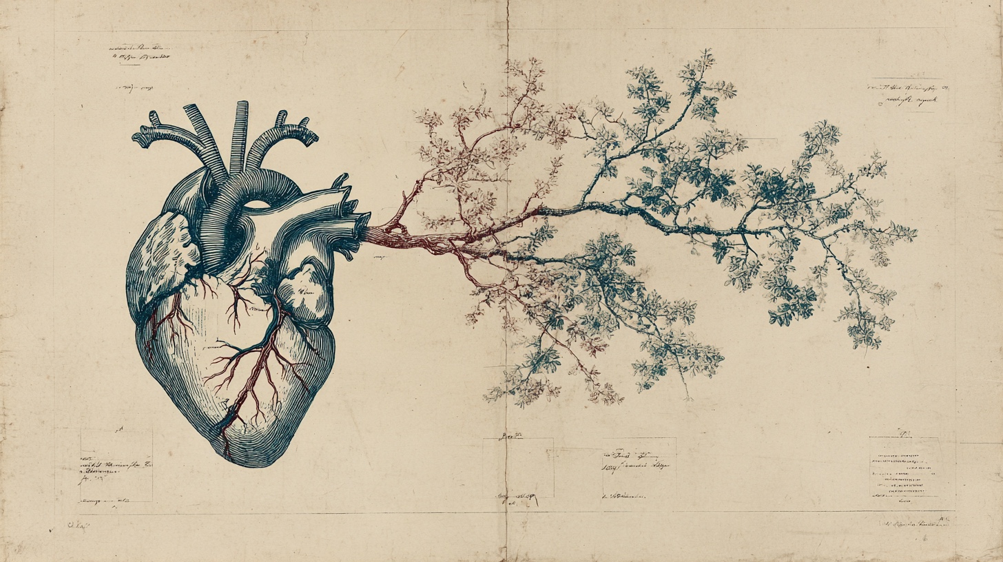 Anatomical heart transforming into branching tree vessels